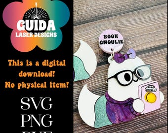 Boek Ghoulie Ghost-oorbellen SVG | Schattig Halloween-spook-svg | Ereader lasergesneden bestand | Boekenachtige oorbellen | Spookachtige leuke sieraden