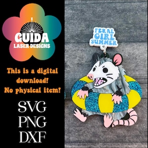 Feral Girl Summer Opossum Boucles d'oreilles SVG - Fichier découpé au laser pour Glowforge - Possum drôle avec chambre à air - Conception de boucles d'oreilles en acrylique en couches