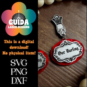 May include: A red and silver oval-shaped pendant with the text "Our Darling" in a decorative frame. The pendant is attached to a hand-shaped charm. The image also includes the text "This is a digital download! No physical item!"