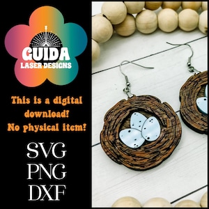 Boucles d'oreilles nid d'oeufs de Robin SVG / fichier découpé au laser / printemps / Glowforge ready / boucles d'oreilles coeur en acrylique / boucles d'oreilles drôles uniques
