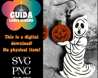 Pendientes de fantasma con calabaza SVG / Pendientes colgantes retro de Halloween, archivo cortado con láser / Patrón de joyería de acrílico o madera espeluznante y lindo