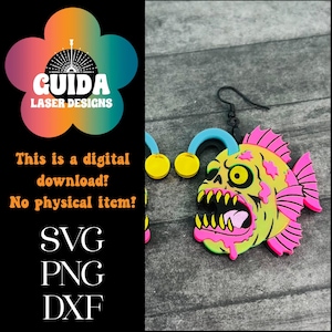 Zombie Anglerfish Earrings SVG | Laser Cut File for Glowforge | Pop Art Spooky Summer Dangles | Acrylic Halloween Earrings