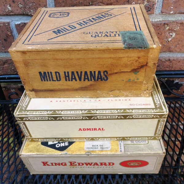 Three Cigar Boxes, Mild Havana Wood Box, Optimo Very Mild, King Edward Mild Tobaccos, 3 Vintage Cigar Boxes