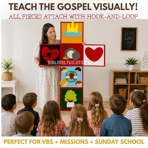 Puede incluir: Una mujer sostiene un tablero de fieltro colorido con varios símbolos religiosos, incluyendo un corazón, una cruz y un árbol. El texto "TEACH THE GOSPEL VISUALLY!" y "ALL PIECES ATTACH WITH HOOK-AND-LOOP" son visibles. Niños sentados frente al tablero. La dirección web "BIBLEFELTUS.ETSY.COM" también es visible.