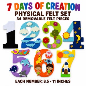 Könnte beinhalten: Ein 7 Days of Creation Filz-Set mit 34 abnehmbaren Filzteilen. Das Set enthält die Zahlen 1 bis 7, die jeweils 21,59 x 27,94 cm groß sind und mit verschiedenen Filzformen wie Wolken, Blumen, Tieren und Himmelskörpern verziert sind.