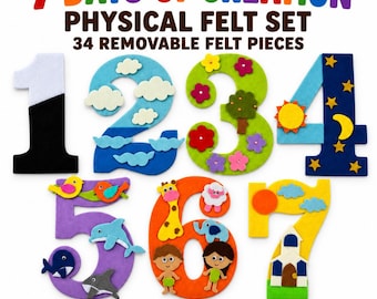 Puede incluir: Un set de fieltro físico 7 Days of Creation con 34 piezas removibles. El conjunto incluye los números del 1 al 7, cada uno de 21,59 x 27,94 cm, decorados con diversas formas de fieltro como nubes, flores, animales y cuerpos celestes.