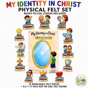 Può includere: Un set in feltro My Identity in Christ con 12 pezzi rimovibili e una tavola in feltro da 21,6 per 27,9 cm. Il set include personaggi e simboli illustrati con testi come I Am Strong, I Am Kind, I Am Created by God, I Am Valuable, I Am a Child of God, I Am Brave, I Am Loved, I Am Chosen, I Am Never Alone, I Am Forgiven, I Am Protected e I Am Special.
