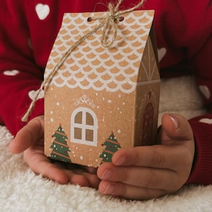 May include: A small, brown cardboard house-shaped gift box with a white roof pattern, a window, and two green Christmas trees. The box is tied with twine and held in someone's hands.