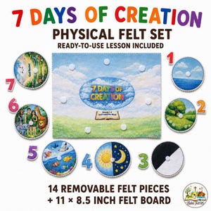 Puede incluir: Un set de fieltro 7 Days of Creation que incluye un tablero rectangular de 27,9 por 21,6 cm y 14 piezas de fieltro extraíbles. El conjunto contiene ilustraciones circulares numeradas del 1 al 7 que representan cada día con escenas coloridas.
