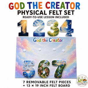 May include: A physical felt set titled GOD THE CREATOR featuring seven numbered felt pieces and a 33 x 48 cm felt board. The numbers one through seven display colourful illustrations of creation scenes, and the board includes four white velcro dots.