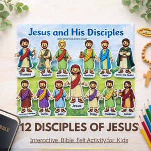 May include: A colourful felt activity set depicting Jesus and his 12 disciples. Each figure is labelled with a name. The set includes the text "12 Disciples of Jesus" and "Interactive Bible Felt Activity for Kids". The Etsy shop name is also visible.