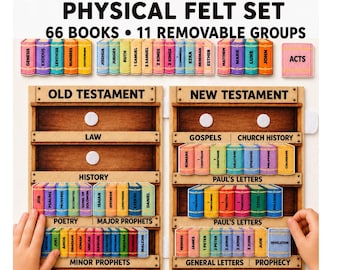 May include: A felt set titled BOOKS OF THE BIBLE PHYSICAL FELT SET featuring 66 colorful book pieces and 11 removable groups. The set includes two wooden-style boards labeled OLD TESTAMENT and NEW TESTAMENT with categories like LAW, HISTORY, GOSPELS, and PROPHECY. Printed lesson included.