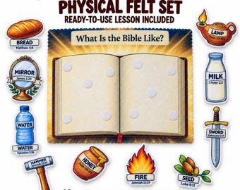 May include: A felt board set titled What Is the Bible Like? featuring an 8.5 by 11 inch felt board and 10 removable felt pieces including a bread loaf, mirror, water bottle, hammer, honey pot, fire, seed, sword, milk bottle, and oil lamp.