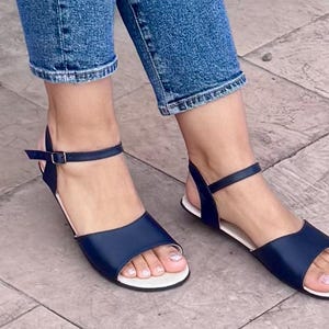 Handmade Navy Leather Barefoot Sandals: Wide Toe, Sustainable Summer Shoes