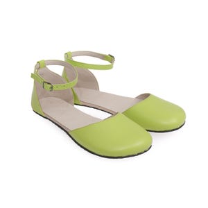 Handmade Green Leather Barefoot Sandals: Wide Toe, Minimalist Mary Janes