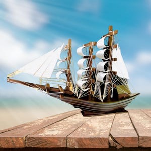 Handgemaakt zeilschipdecor – sculptuur nautische boot – houten scheepsmodel – kusthuisaccent – maritiem cadeau voor zeilers
