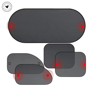 Könnte beinhalten: Ein Set aus fünf dunkelgrauen Auto-Sonnenschutzblenden in verschiedenen Formen, darunter ein langes Oval, zwei Rechtecke und zwei geschwungene Teile. Jede Blende hat kleine rote kreisförmige Markierungen, die die Befestigungspunkte anzeigen.