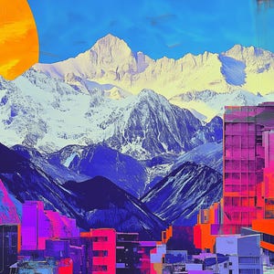 Pode incluir: Arte digital abstrata com uma vibrante paisagem urbana justaposta a montanhas cobertas de neve e um grande sol laranja. Os edifícios são renderizados em tons vibrantes de rosa, laranja e roxo, criando uma paisagem surreal e colorida.