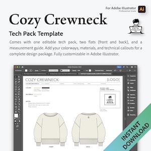 May include: A tech pack template for a cozy crewneck sweater. The template includes a color and materials section, a woven label detail, and two flat sketches of the front and back of the sweater.