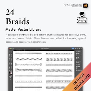 Può includere: Un download digitale di 24 pennelli vettoriali di trecce per Adobe Illustrator. L'immagine mostra un'anteprima dei pennelli in una finestra software. Il testo "24 Braids" e "Master Vector Library" è visualizzato nella parte superiore dell'immagine.
