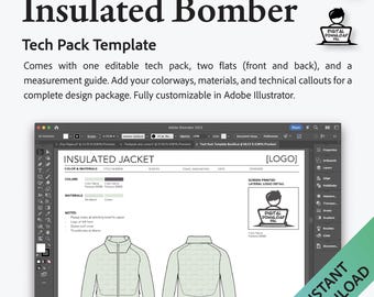 Modèle de vêtement pour blouson aviateur isolé Tech Pack Adobe Illustrator Matériel de conception professionnelle