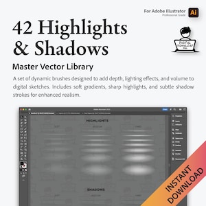Könnte beinhalten: Ein digitaler Download für Adobe Illustrator mit 42 Vektorpinseln zum Erstellen von Highlights und Schatten. Die Pinsel sind in weich, mittel und hart kategorisiert. Das Bild zeigt eine Vorschau der Pinsel in einem digitalen Kunstprogramm.
