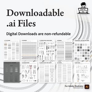 May include: A collection of downloadable .ai files for Adobe Illustrator. The image displays various design elements, including stitches, zippers, braids, and texture patterns. Text on the image reads "Digital Downloads are non-refundable."