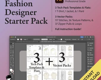 Paquete básico para diseñadores de moda con Adobe Illustrator: ¡Todo lo que necesitas para empezar a diseñar! Paquetes técnicos, imágenes planas, vectores e instrucciones.