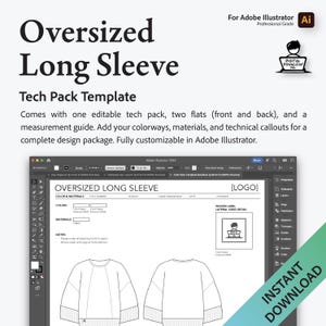 Op de afbeelding: Een tech pack-sjabloon voor een oversized longsleeve shirt. De sjabloon bevat een sectie voor kleur en materialen, een geweven labeldetail en twee platte schetsen van het shirt, een voor de voorkant en een voor de achterkant. De sjabloon is volledig aanpasbaar in Adobe Illustrator.