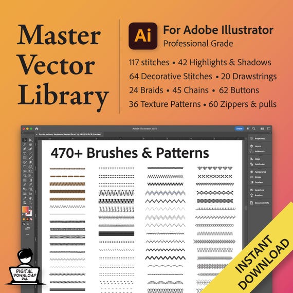Adobe Illustrator Brush Library - Technical Bundle Professional Brushes Design Vectors Textures Tech Pack Hardware Buttons Shadows Stitches