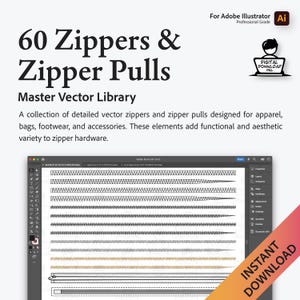 Peut inclure: Téléchargement numérique de 60 illustrations vectorielles de fermetures éclair et de tirettes pour vêtements, sacs, chaussures et accessoires. Les illustrations sont conçues pour être utilisées dans Adobe Illustrator.