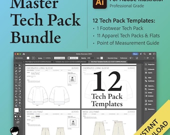 May include: A digital product bundle for Adobe Illustrator, featuring 12 tech pack templates. Includes footwear and apparel tech packs, flats, and a point of measurement guide. The image shows a computer screen with design templates and the words "Master Tech Pack Bundle."
