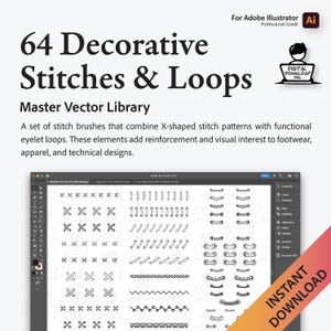 Puede incluir: Una captura de pantalla de una pantalla de ordenador que muestra un conjunto de 64 puntadas y bucles decorativos para Adobe Illustrator. Las puntadas son en blanco y negro y están dispuestas en filas. El texto "64 Decorative Stitches & Loops" está en la parte superior de la pantalla.