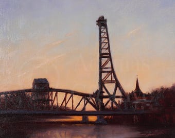 WELLAND CANAL BRIDGE | Sunset | Small Painting | 10X10 | Oil on Canvas | Toronto | Ontario | Canada | Canadian Artist | OP11X14L072