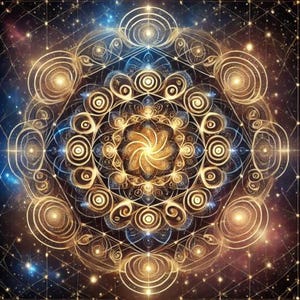 Puede incluir: Un diseño de mandala dorado y azul con detalles intrincados y un centro en espiral. El mandala está rodeado por una cuadrícula de estrellas y un fondo azul oscuro.