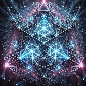 Pode incluir: Padrão geométrico abstrato com uma luz azul e rosa incandescente que emana do centro. O padrão é composto por uma série de triângulos e linhas interconectados.