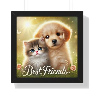 Framed Quality Image 16x16 inch 300 DPI, Cute Pet Friendship, Cat and Dog Art, Best Friends, Pet Lovers Gift, Animal Lovers Art