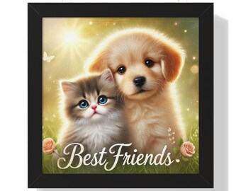 Framed Quality Image 16x16 inch 300 DPI, Cute Pet Friendship, Cat and Dog Art, Best Friends, Pet Lovers Gift, Animal Lovers Art
