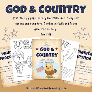 May include: Educational resources for K-5 students, titled "GOD & COUNTRY". The image shows printable history and faith units with patriotic themes, including coloring pages and a unit cover with an eagle holding an American flag.