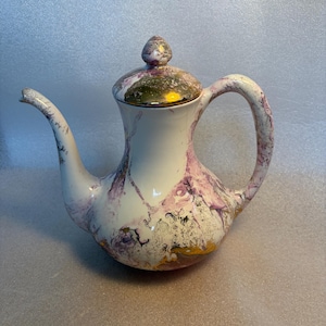 Vintage Sascha Brastoff Coffee Pot with Lid, Mid Century Modern California Pottery, Pink Purple Gold Marbled Ceramic Teapot, MCM Home Decor