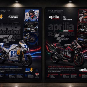 May include: Two vertical posters featuring MotoGP racing motorcycles. The left poster displays a white and blue Ducati with BK8 branding. The right poster shows a black and red Aprilia. Both include rider photos, technical specs, and logos.