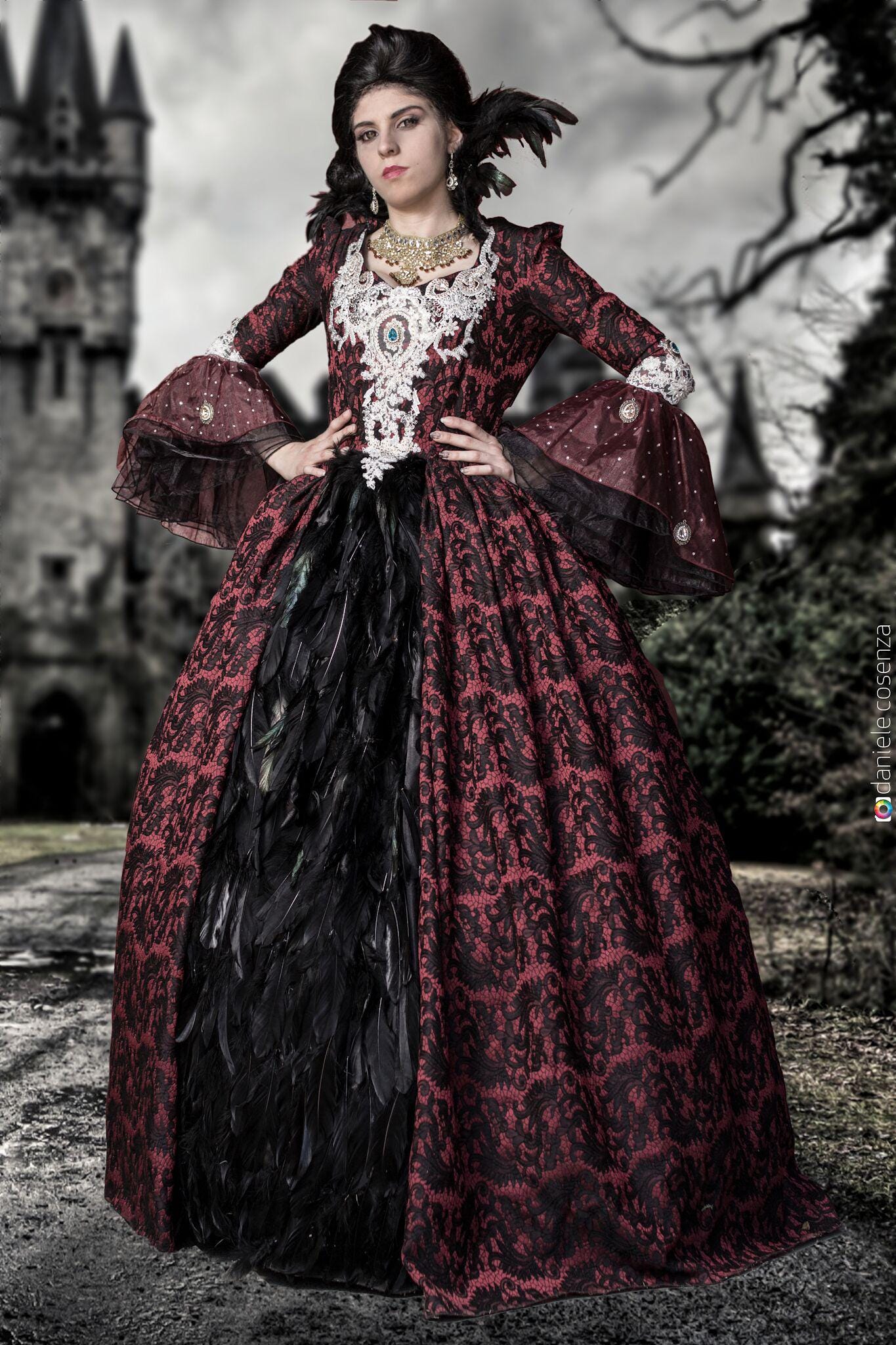 Evil Queen Cosplay dress- Regina Mills Once Upon a Time Cosplay - Custom Red & Black Brocade Dress with Feathers- Elegant Gothic Gown Evil Queen Cosplay dress- Regina Mills Once Upon a Time Cosplay - Custom Red & Black Brocade Dress with Feathers- Elegant Gothic Gown