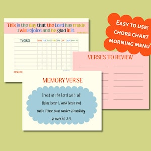 Puede incluir: Un conjunto de hojas imprimibles coloridas para tareas diarias y versículos. Incluye un cuadro de tareas, un menú matutino y una tarjeta de versículo de memoria. El texto incluye "Este es el día que hizo el Señor" y "Confía en el Señor con todo tu corazón."