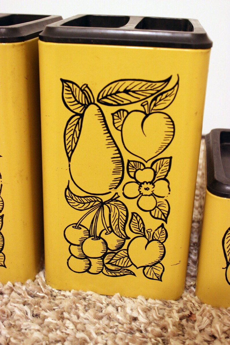 Vintage Retro Mustard Yellow Metal Canisters Set Fruit Design Etsy
