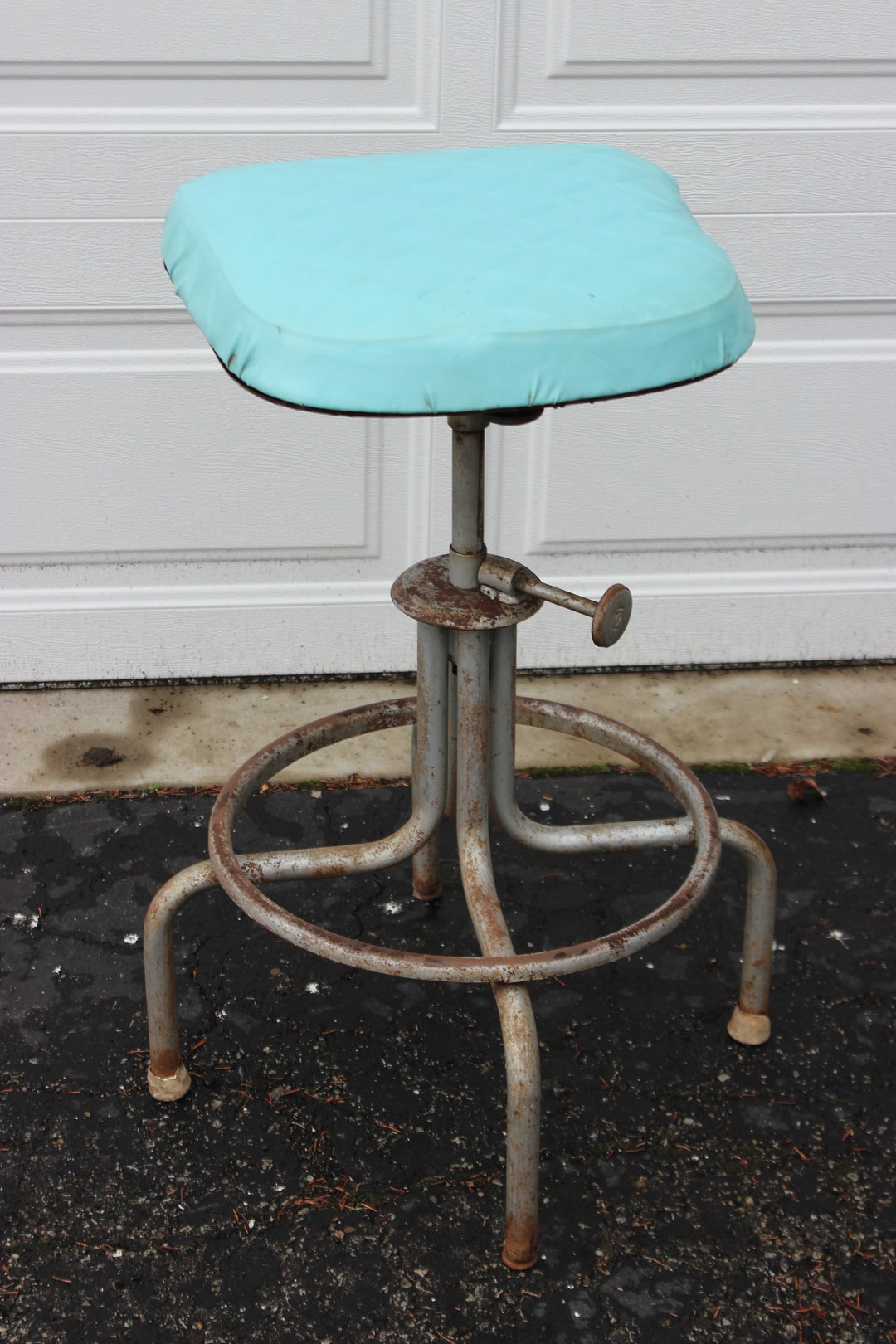 Vintage Industrial Metal Stool Blue Turquoise Seat Farmhouse