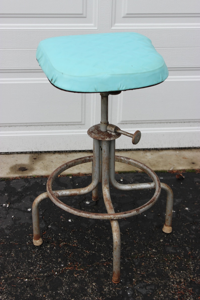 Vintage Industrial Metal Stool Blue Turquoise Seat Farmhouse Factory