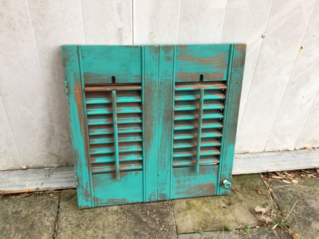 Antique Wood Vintage Louvered Window Shutters Distressed Etsy