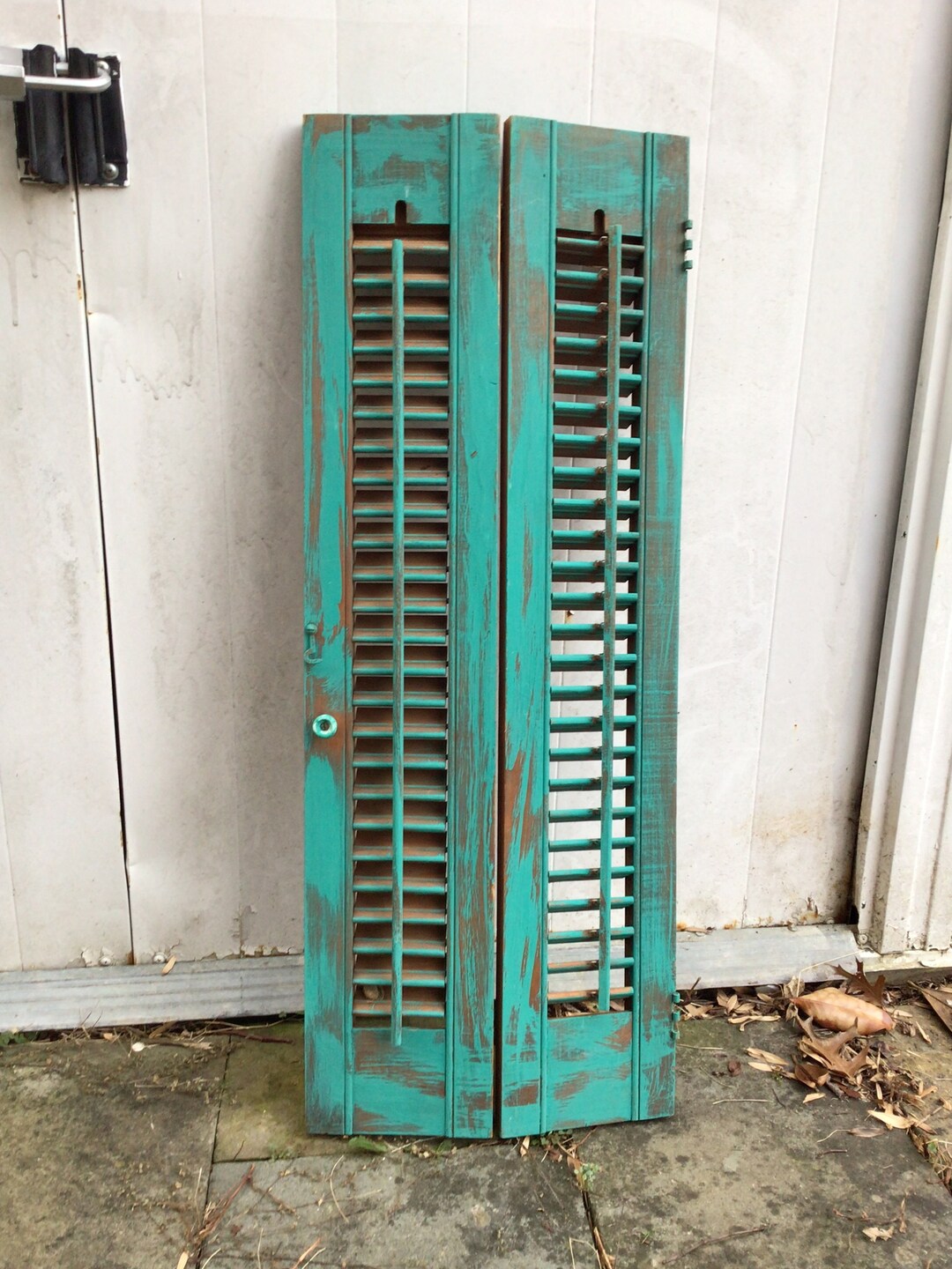 Antique Wood Vintage Louvered Window Shutters Distressed Etsy