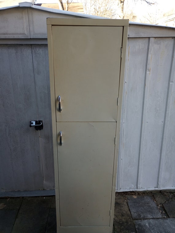 Vintage Tall Skinny White Metal Cabinet Storage Garage Kitchen Chrome Handles Etsy Canada