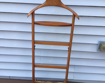 Vintage antique wood butler valet stand with wheels